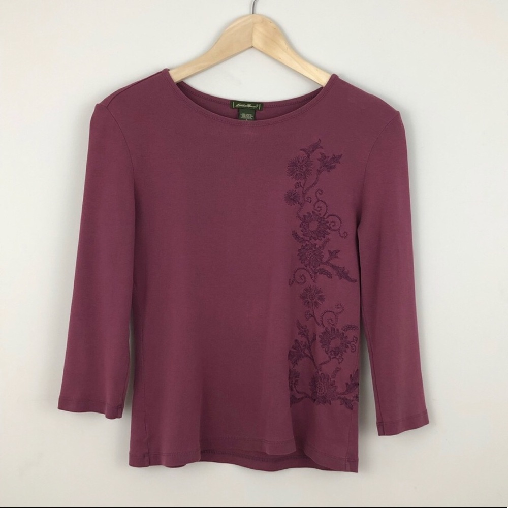 Eddie Bauer l Burgundy Embroidery 3/4 Sleeve Tee S